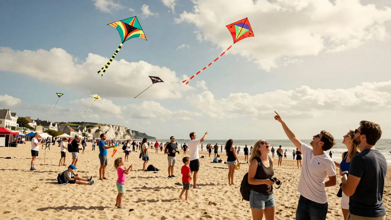 Crowded beach scene with families and large festival kites floating overhead in warm light.