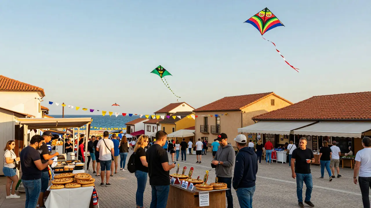 Crowds enjoying food and watching large kites at a coastal Italian festival