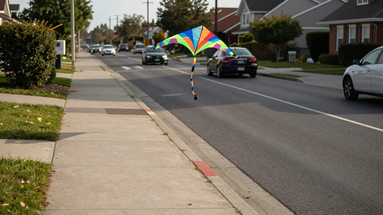Delta kite drifting away from traffic on a residential street