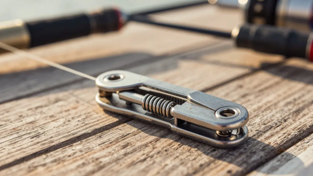 Detailed view of a durable kite fishing clip on a wooden boat deck