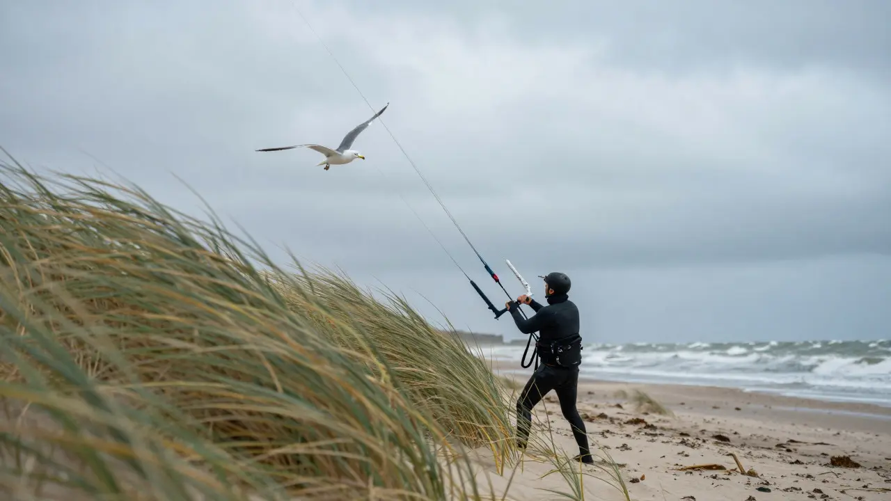 Dune grass whipping in gusty winds with a seagull hovering against the breeze