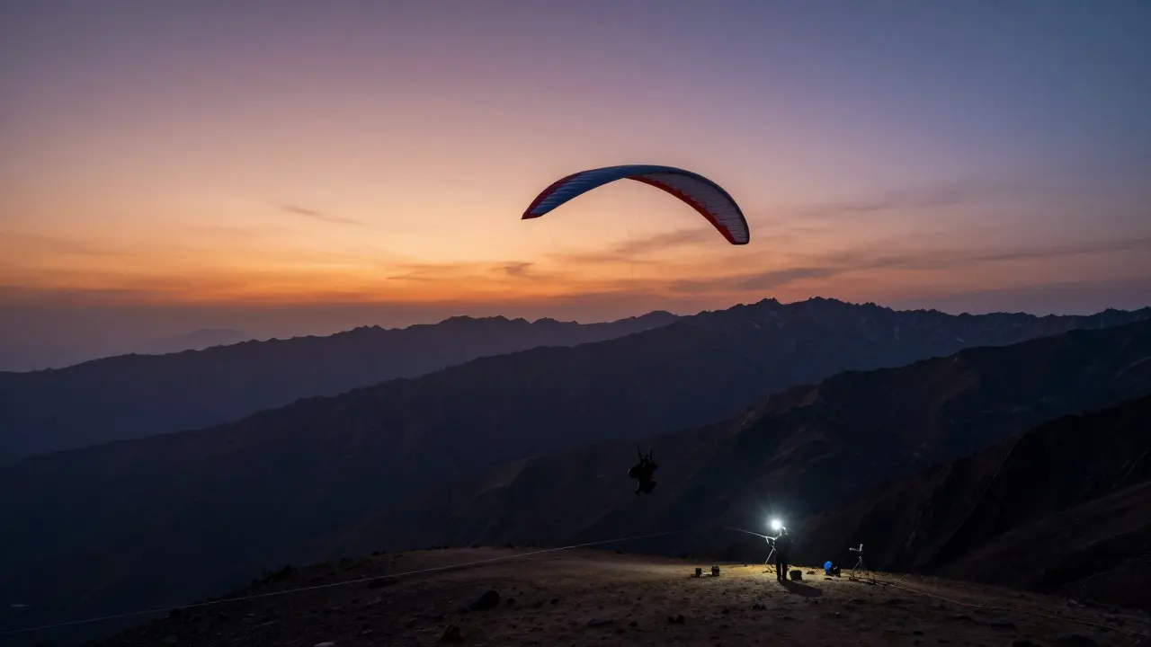 Endurance kite flying at sunset over mountains with ground crew monitoring