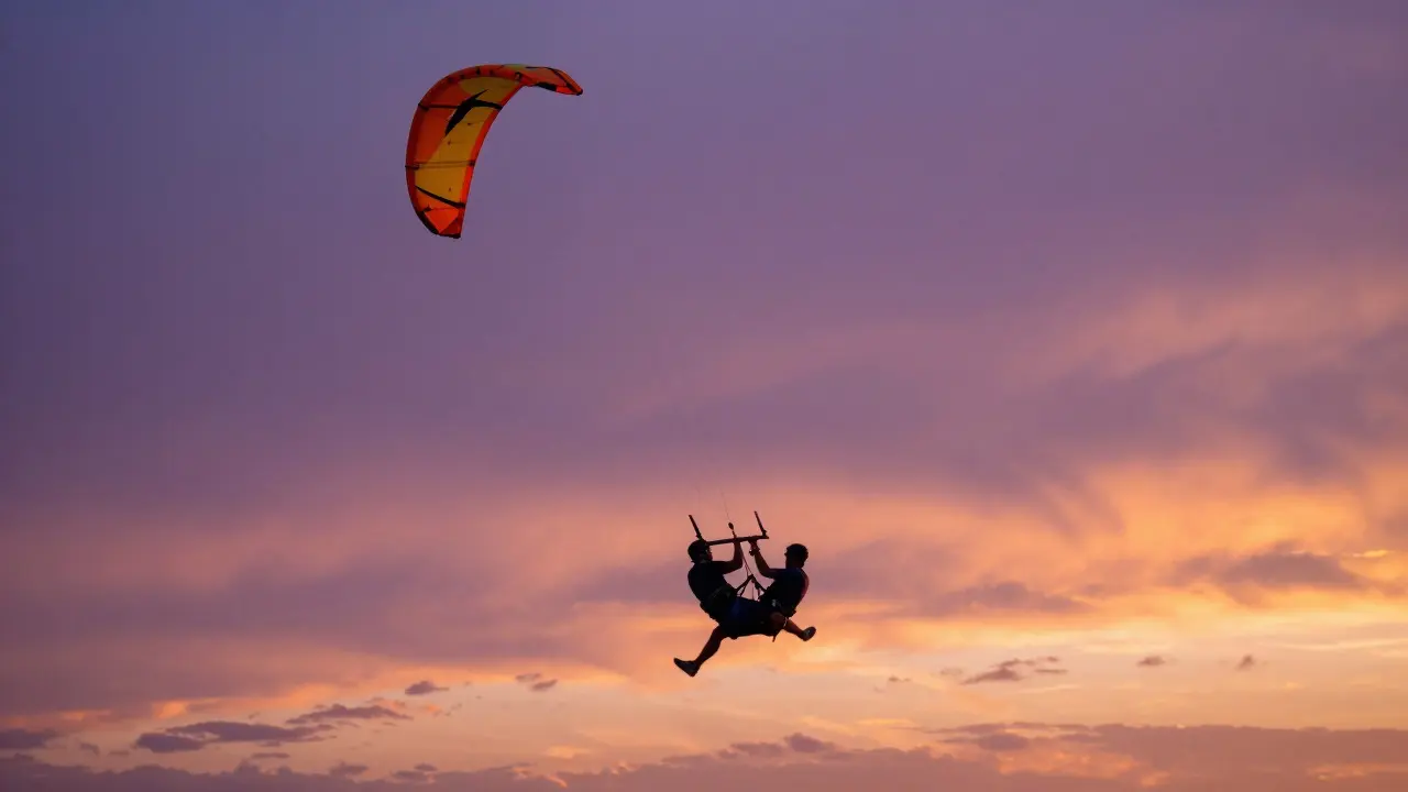 Experienced pilot performing a sharp loop with an agile sport kite at sunset