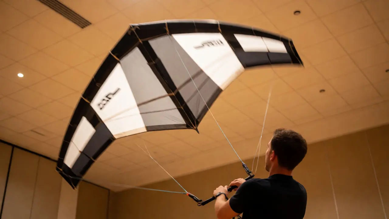 Flyer performing a loop with a dual-line delta kite indoors