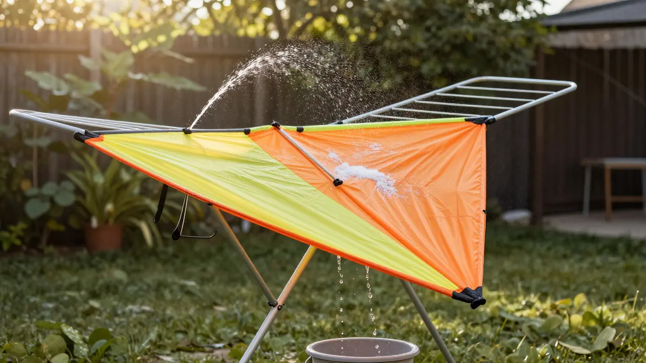 Foil kite being rinsed with fresh water and dried on a rack in the shade