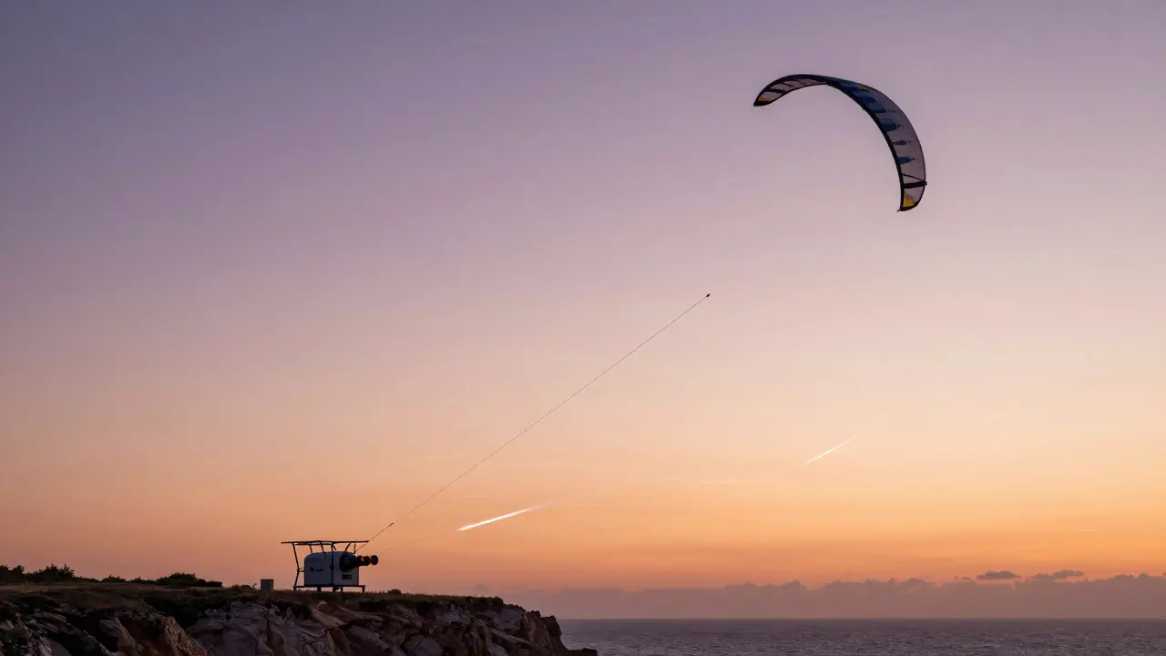 Futuristic kite power system generating electricity from high-altitude winds at sunset