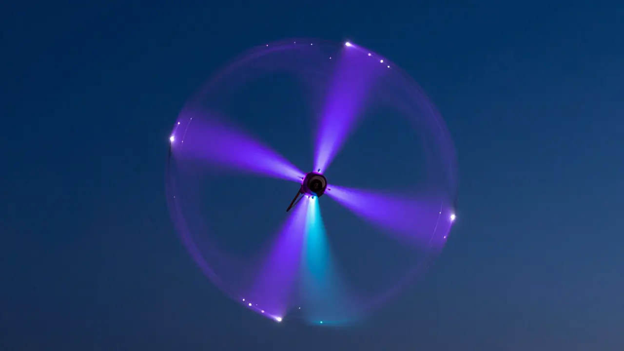 Futuristic rotor kite with LED lights creating neon light trails while spinning at twilight
