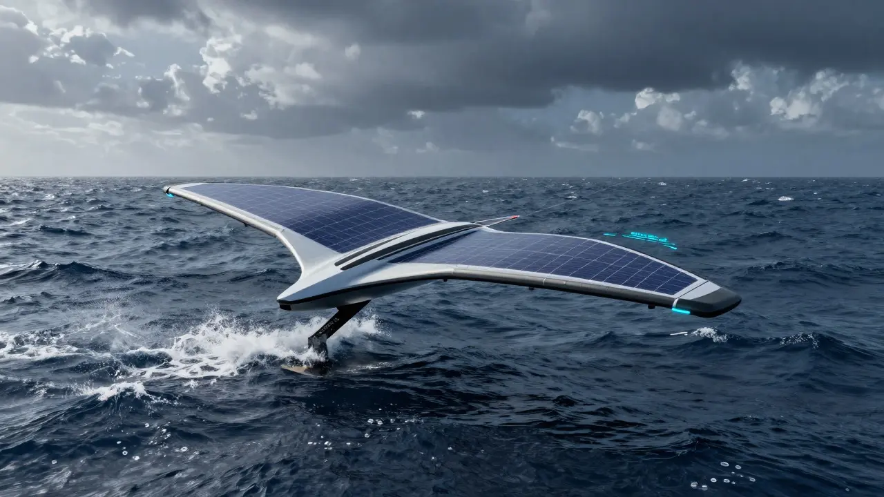 Futuristic solar-powered autonomous kite flying over the open ocean