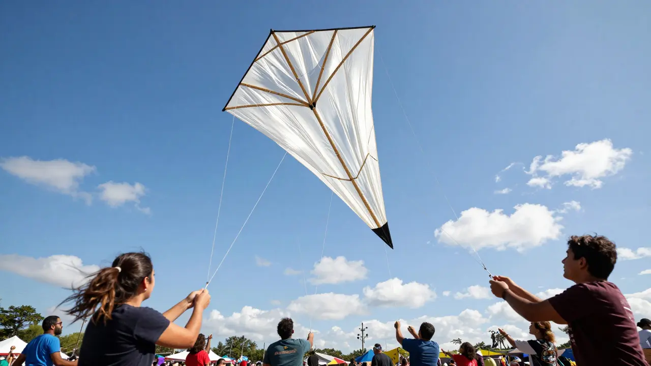 Giant kite lifting off the ground against a blue sky during a Brazilian festival