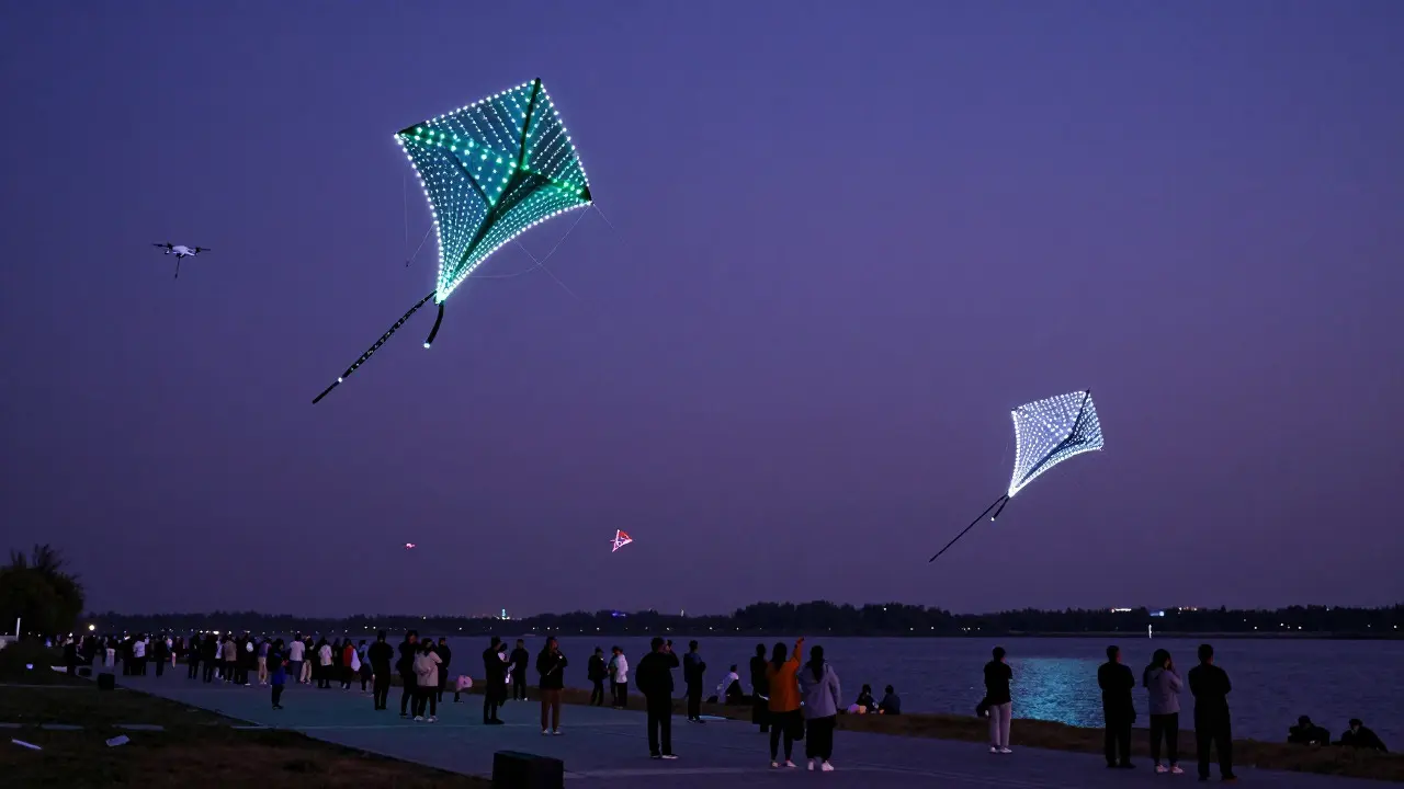 Glowing LED-lit kites displayed in the night sky at a modern festival