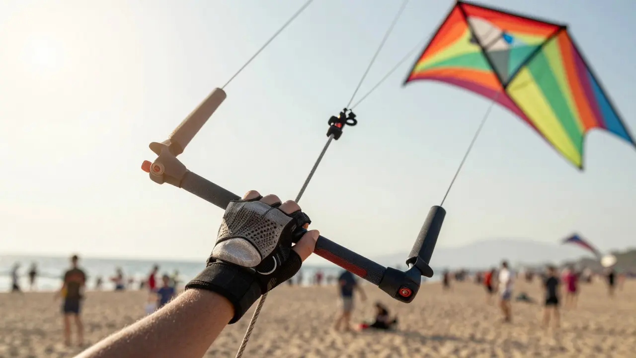 Hand in a glove holding a kite control bar with a kite in the background