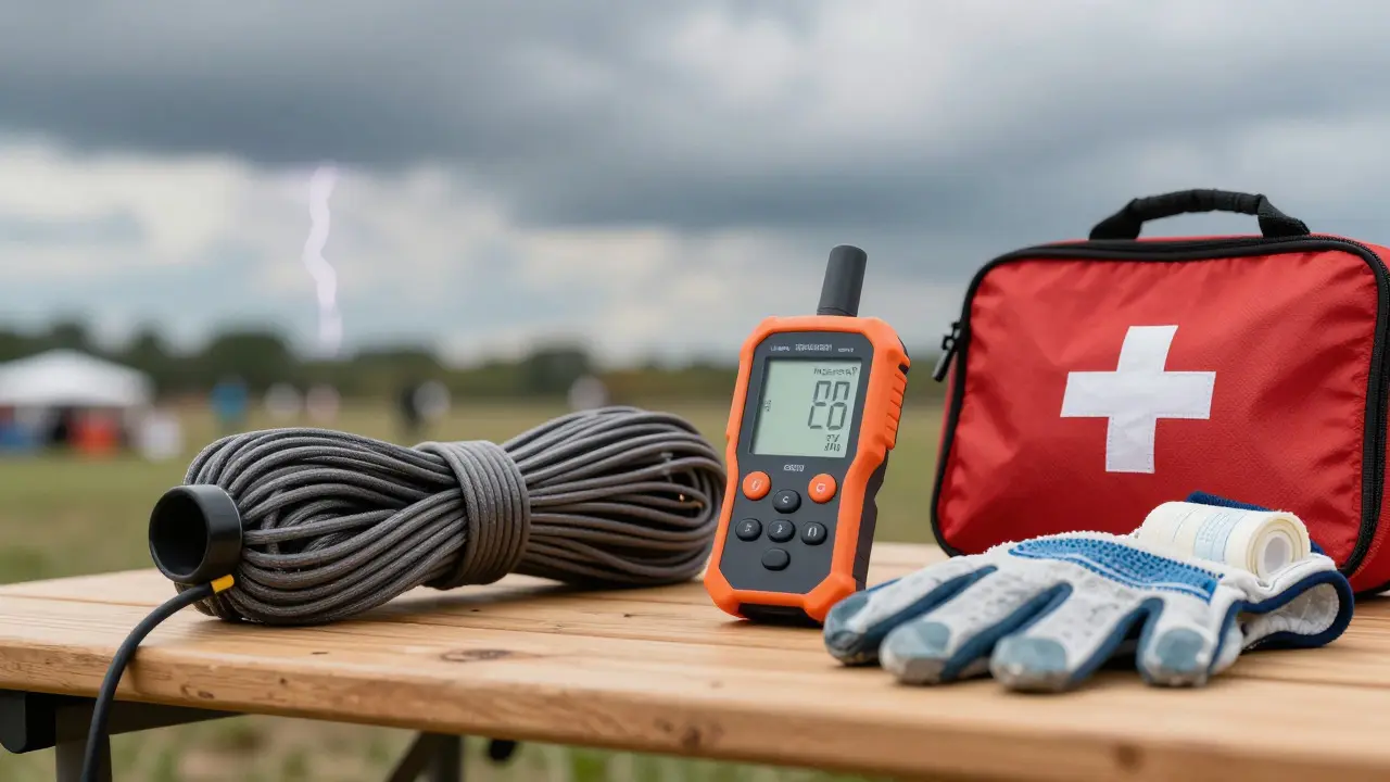 Handheld anemometer, kite line, and first aid kit on a table outdoors