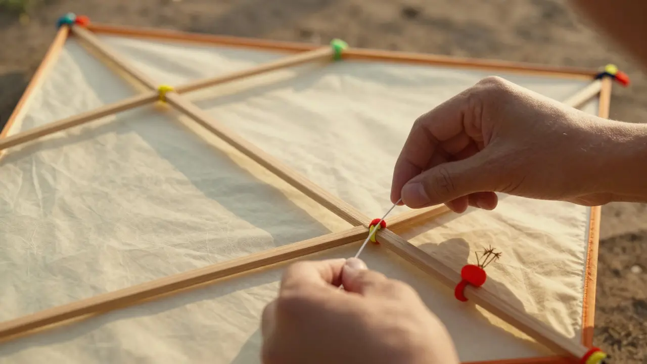 Hands adjusting the bracing and tail of a kite frame in sunlight
