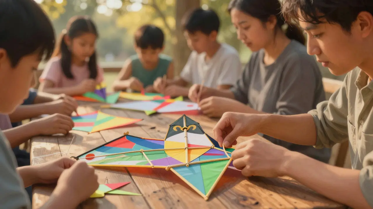 Hands crafting a traditional paper and bamboo kite at an outdoor workshop table