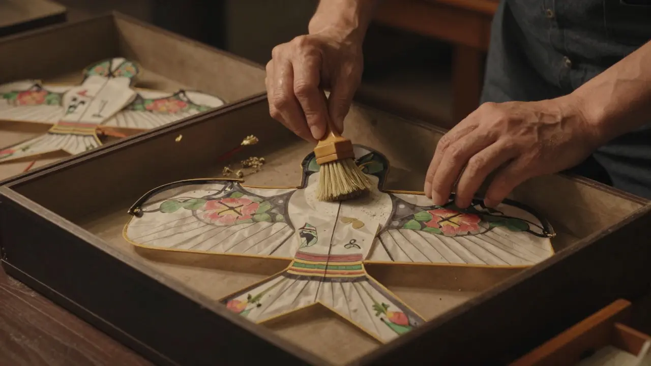 Hands gently brushing dust off a vintage kite near a storage box