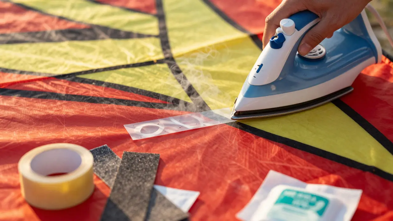 Hands using an iron to apply heat-activated tape to a kite canopy tear