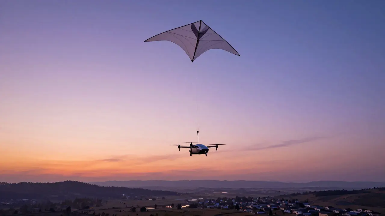 Hybrid kite and drone system descending toward remote village