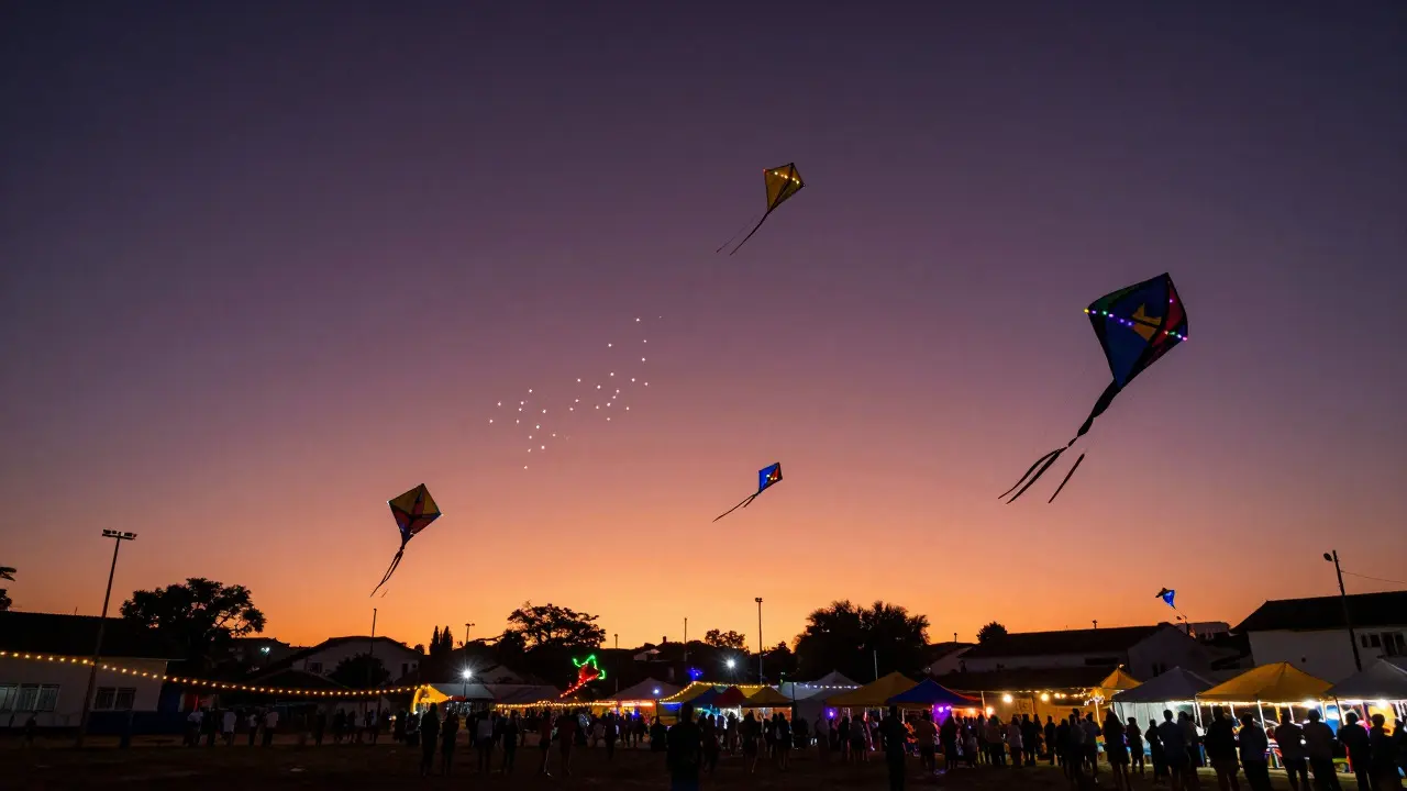Illuminated giant kites flying in the twilight sky above a festive town
