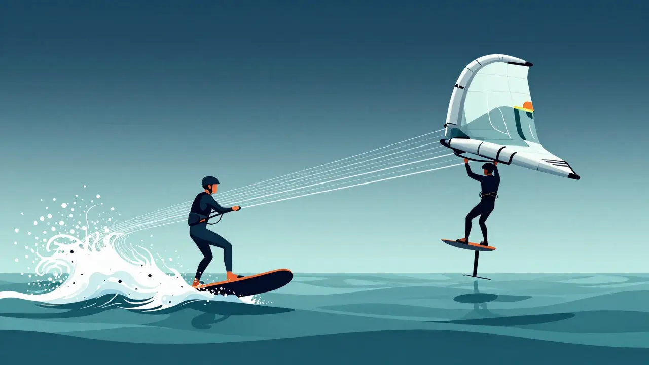 Illustration comparing drag of twin-tip vs foil kiting