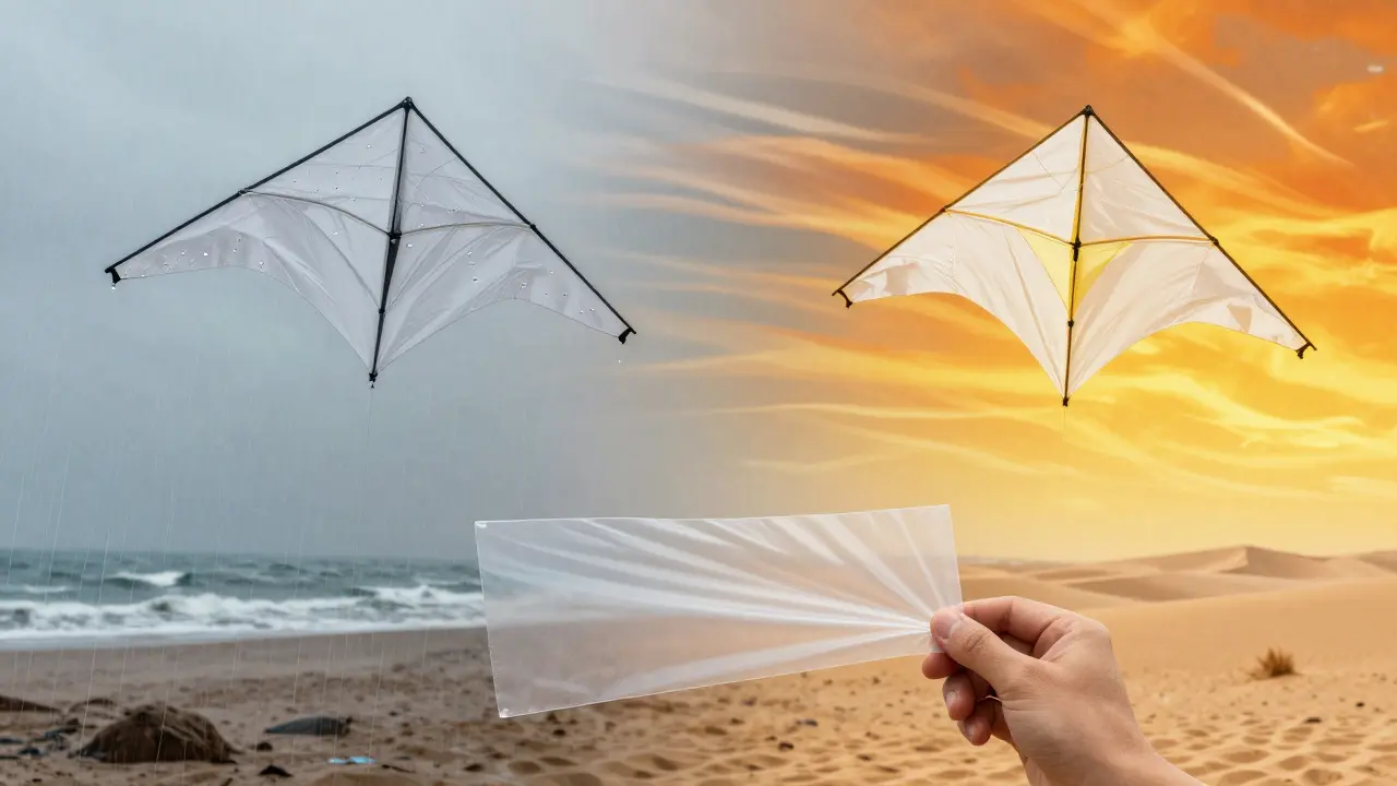 Illustration comparing how humidity affects tissue paper versus the stability of Mylar and plastic kites