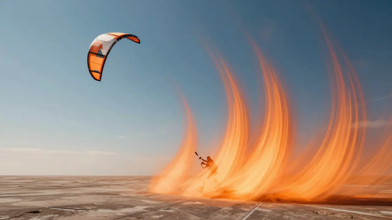 Illustration of a kite riding the edge of a thermal updraft rising from hot pavement