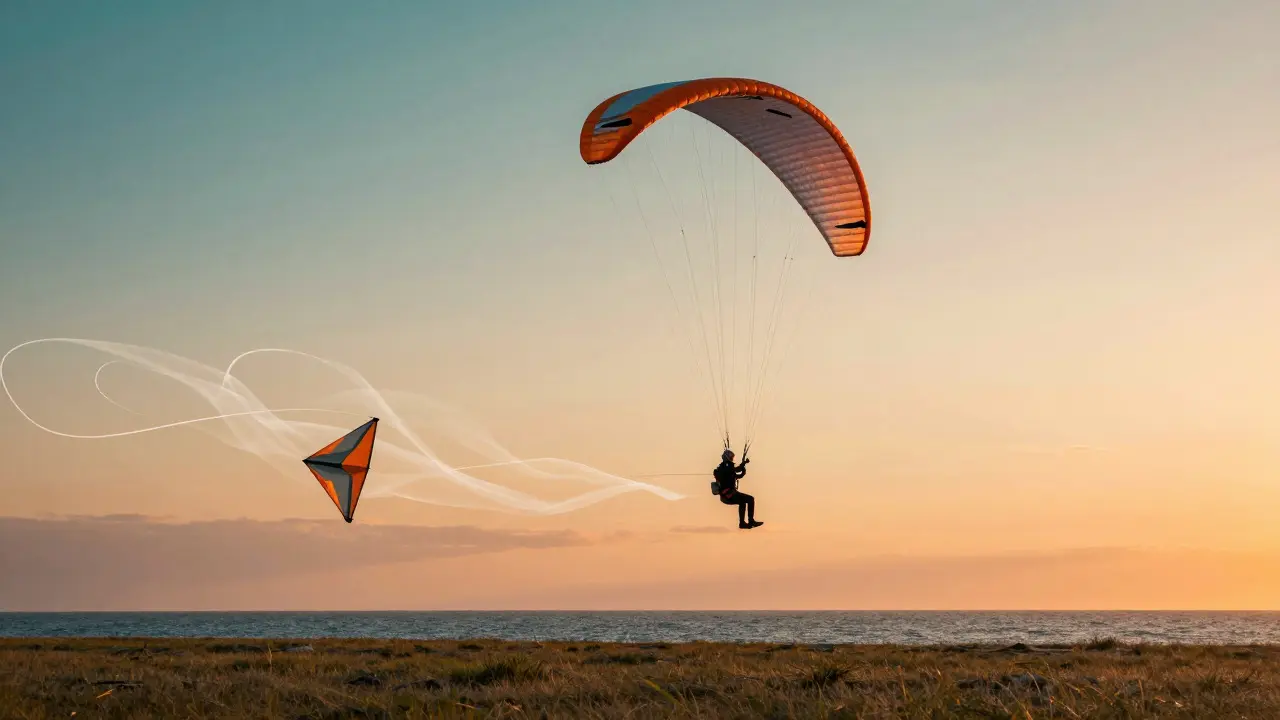 Illustration of a pilot flying with both a kite and paraglider