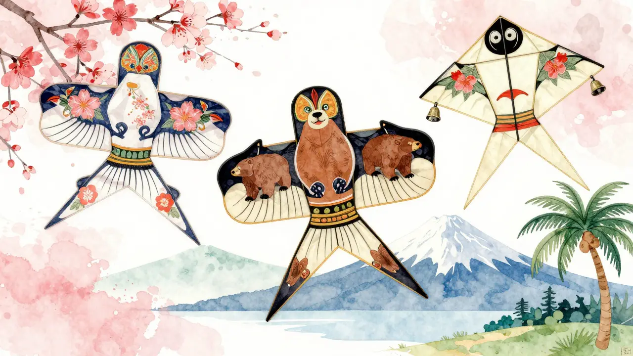 Illustration of three regional Japanese kite styles: Kyoto, Hokkaido, and Okinawa