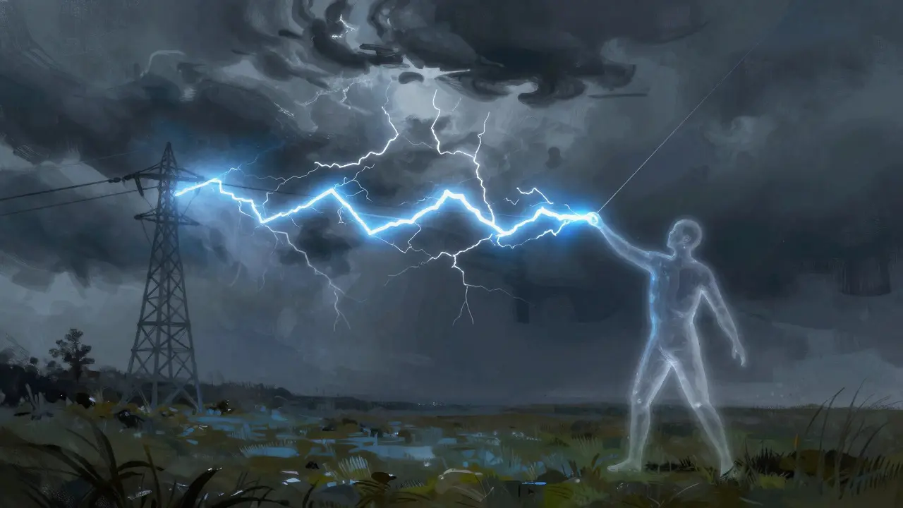 Illustration showing electric current flowing down a kite line to a person's hand
