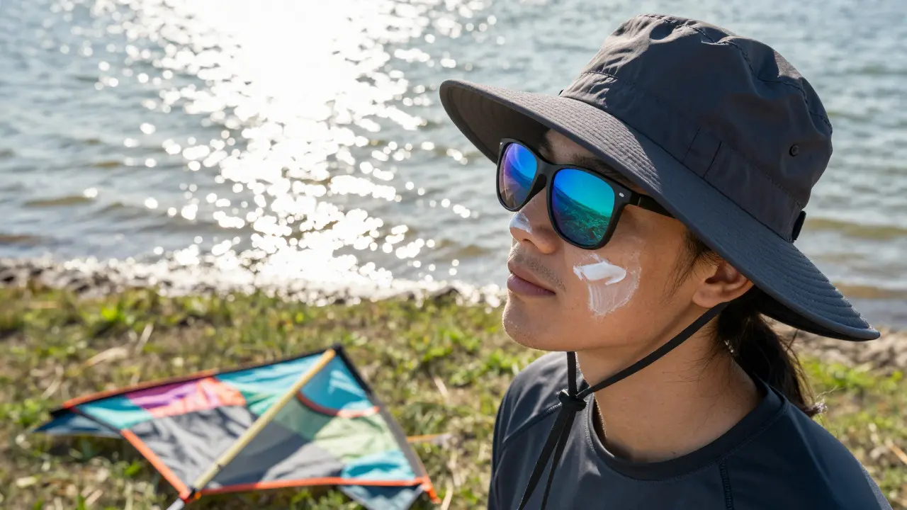 Kite flyer wearing wide-brimmed hat and polarized sunglasses to protect from UV reflection off water