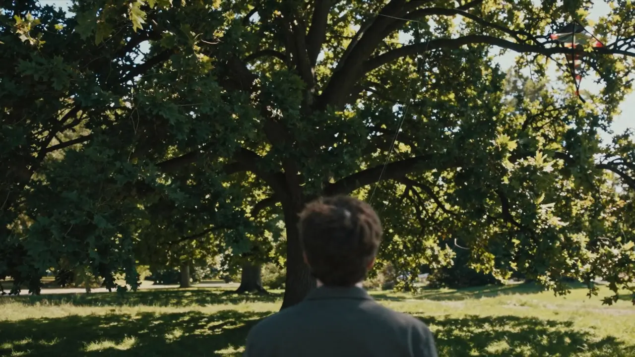 Kite flying high above a large oak tree canopy
