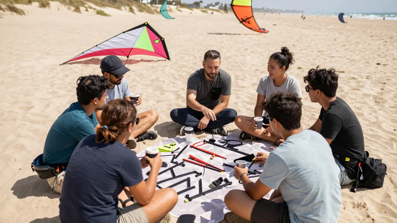 Kite pilots sitting in a circle on a beach sharing gear and discussing repairs