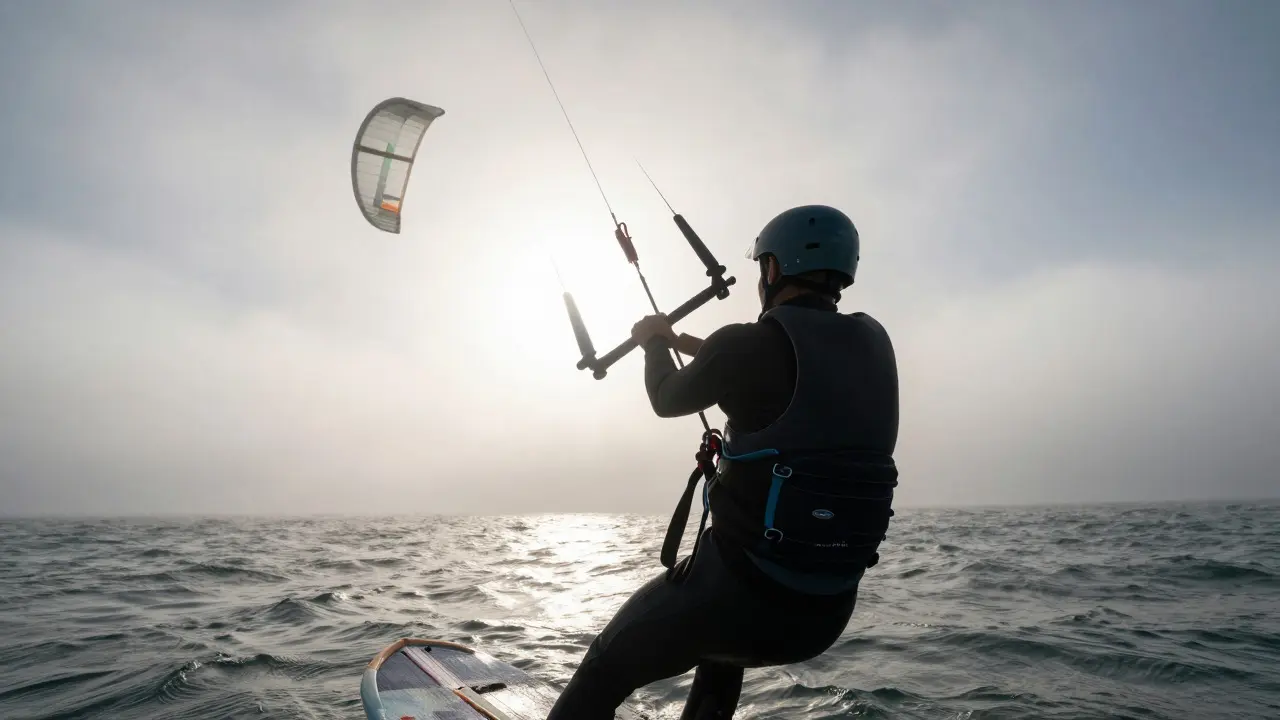 Kite rider in safety gear holding a control bar with an inflated kite hovering over misty water