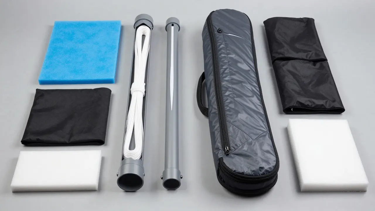 Kite travel gear including tubes, bag, and padding materials in flat lay