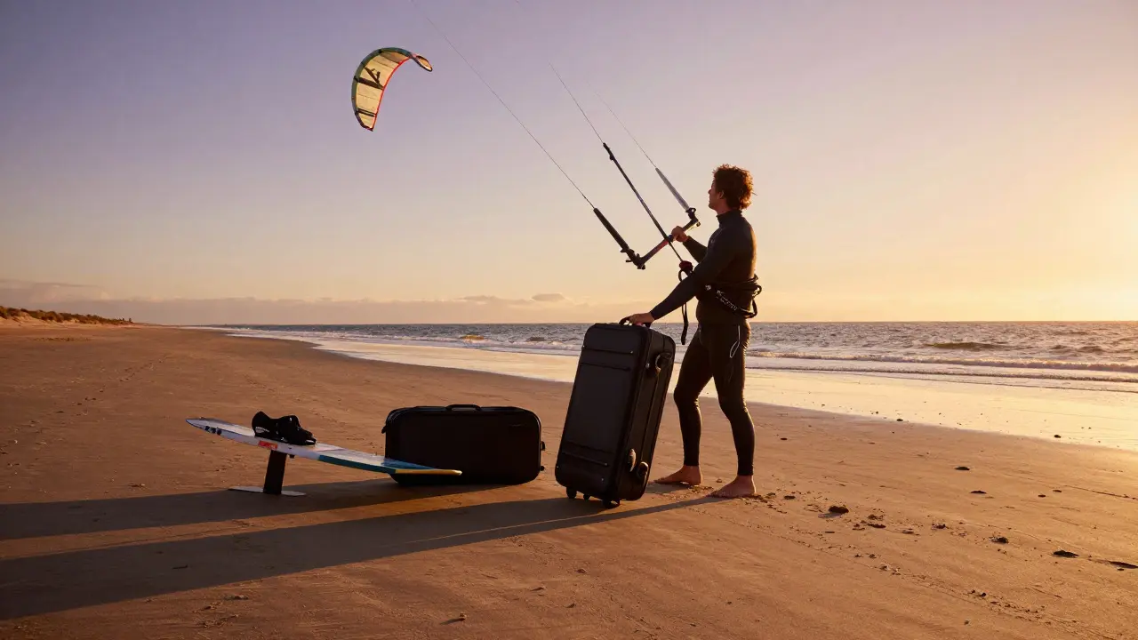 Kiteboarder assembling gear on beach at sunset after arriving