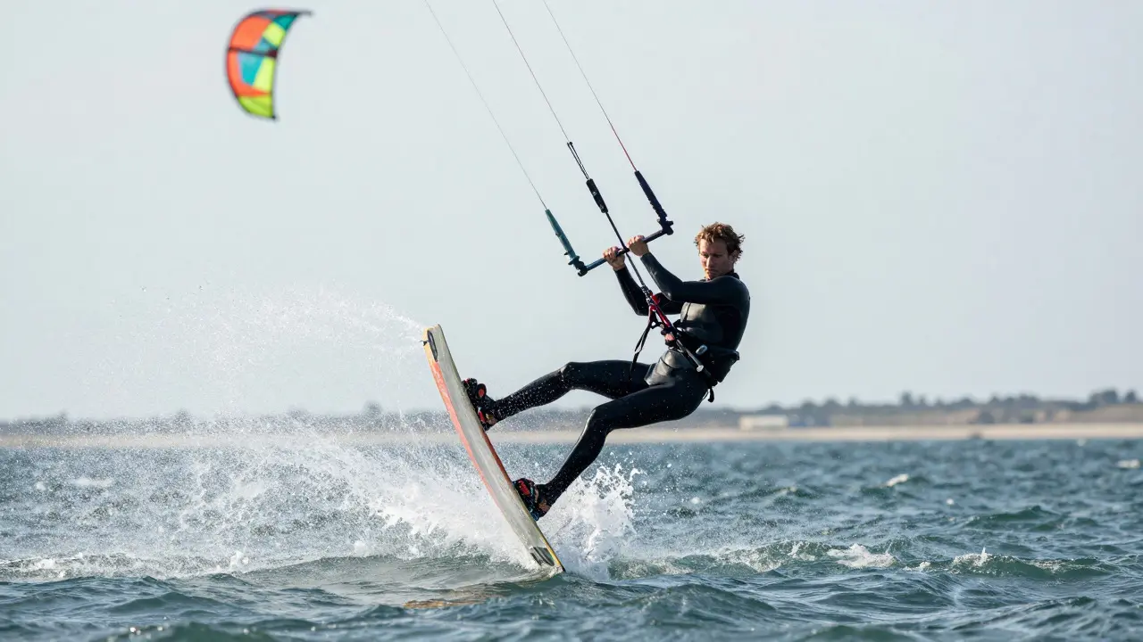 Kiteboarder jumping over choppy water holding a control bar with a kite overhead
