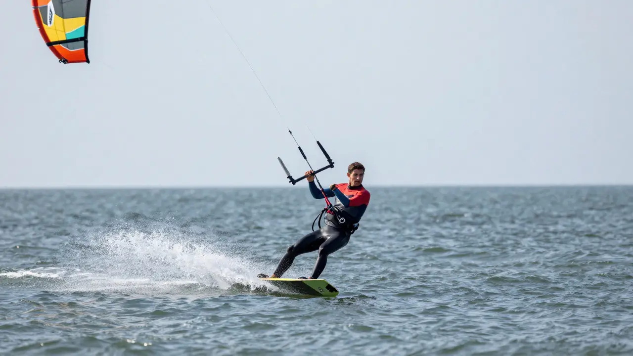 Kiteboarder riding efficiently upwind at a sharp angle with kite high in the sky