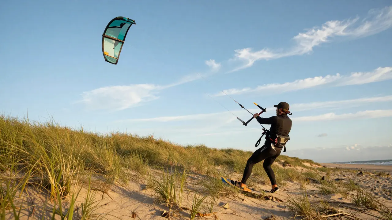 Kiter launching a kite from a grassy dune with anchor support