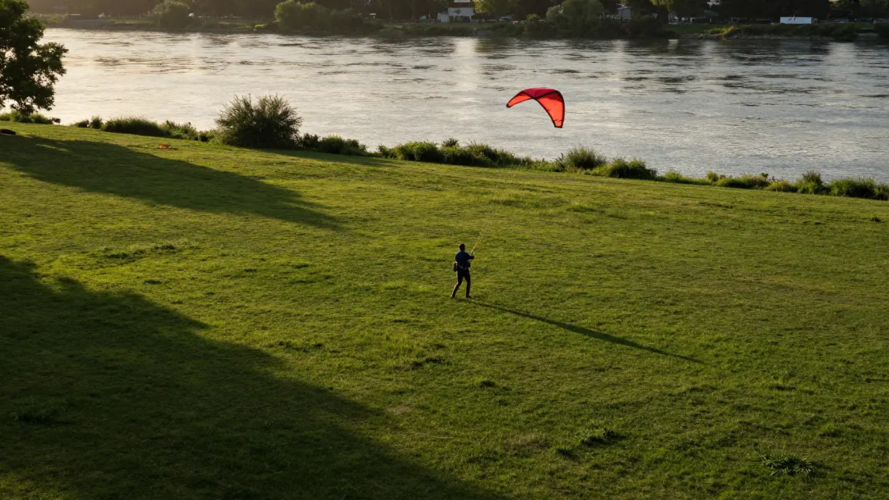 Kiter practicing spins in a safe, open park area near a river