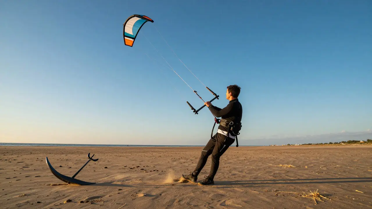 Kiter securely launching a kite using a staked anchor in firm sand during sunset