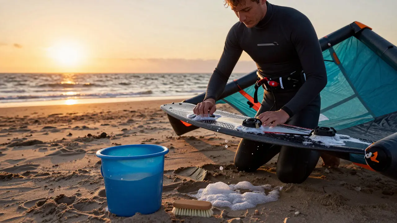 Kitesurfer checking kite valves for air leaks with soapy water on a beach during sunset