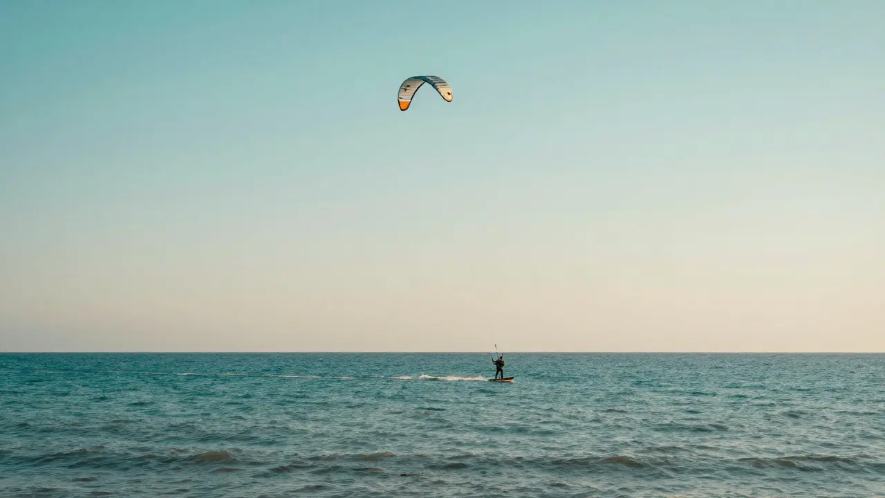 Kitesurfer gliding calmly on water with long lines, demonstrating stability and high kite altitude.