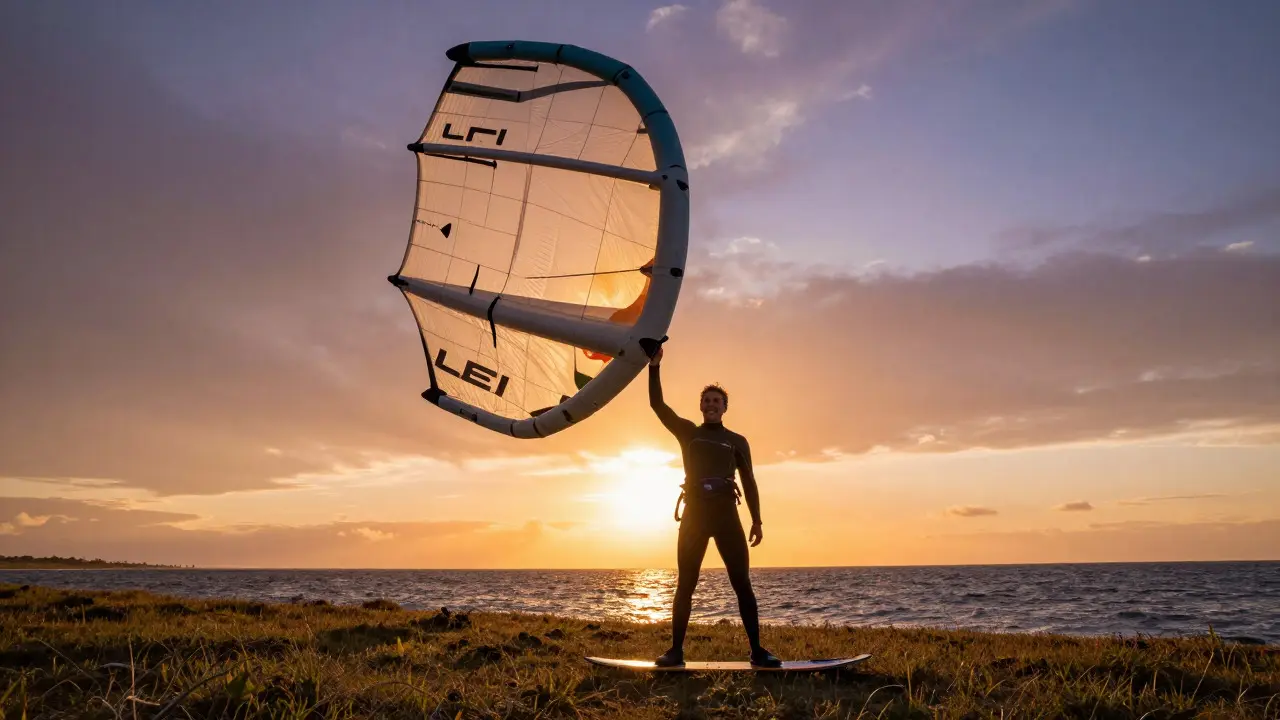 Kitesurfer holding a repaired kite aloft on the shore at sunset