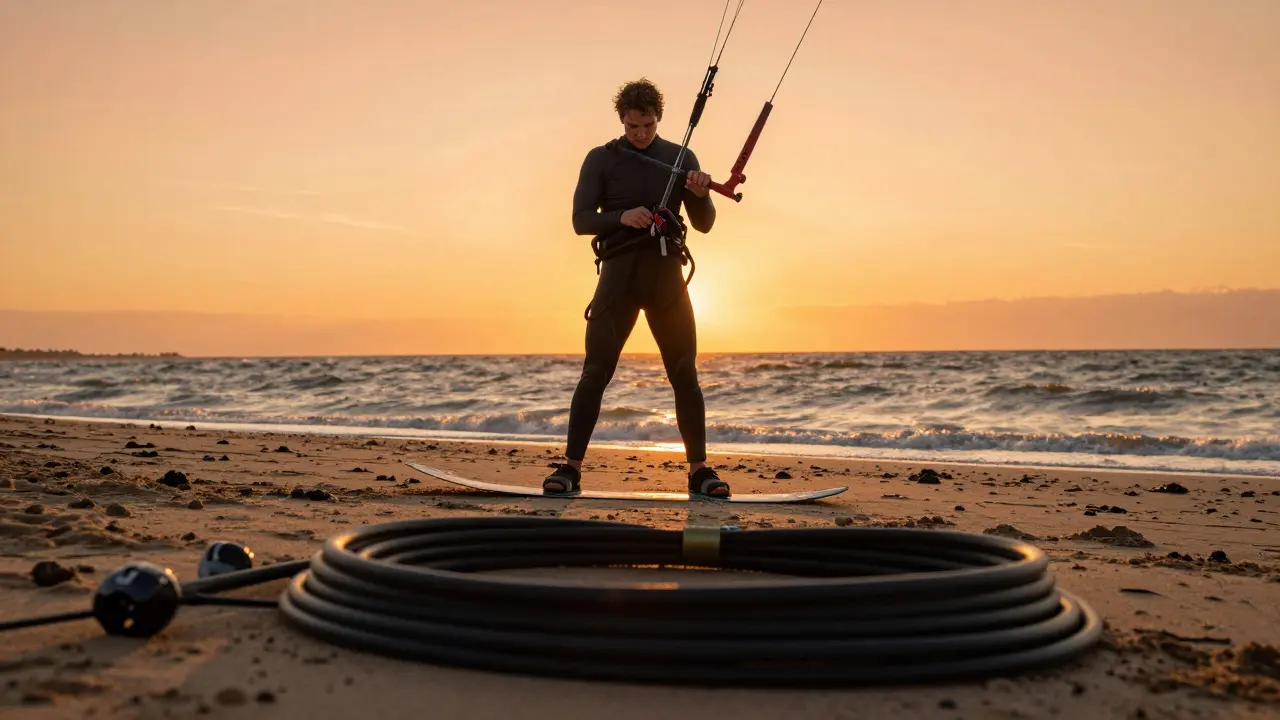 Kitesurfer on beach inspecting newly spliced lines during sunset