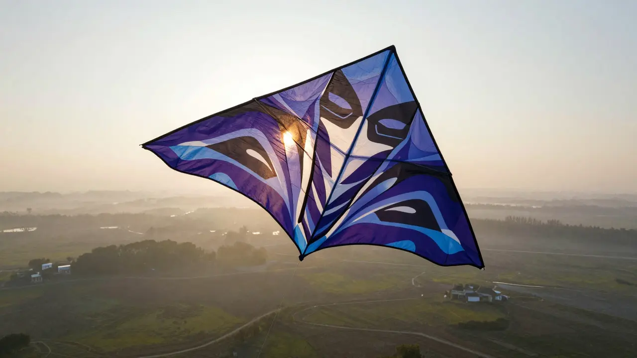 Large art kite soaring at sunset with glowing gradient patterns