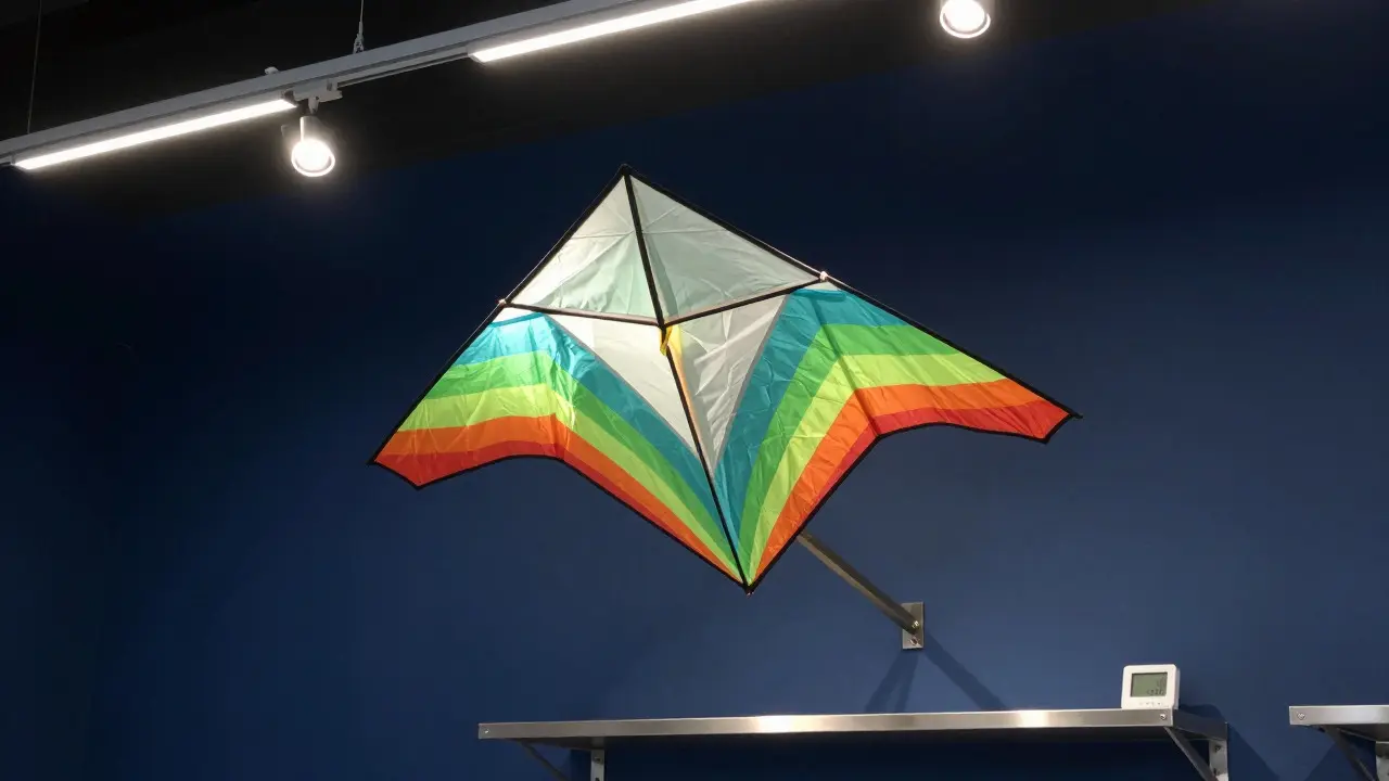 Large geometric kite mounted on a metal bracket with focused LED lighting