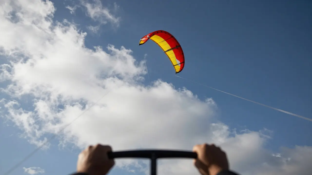 Low angle view of a colorful quad-line kite performing a loop in the blue sky