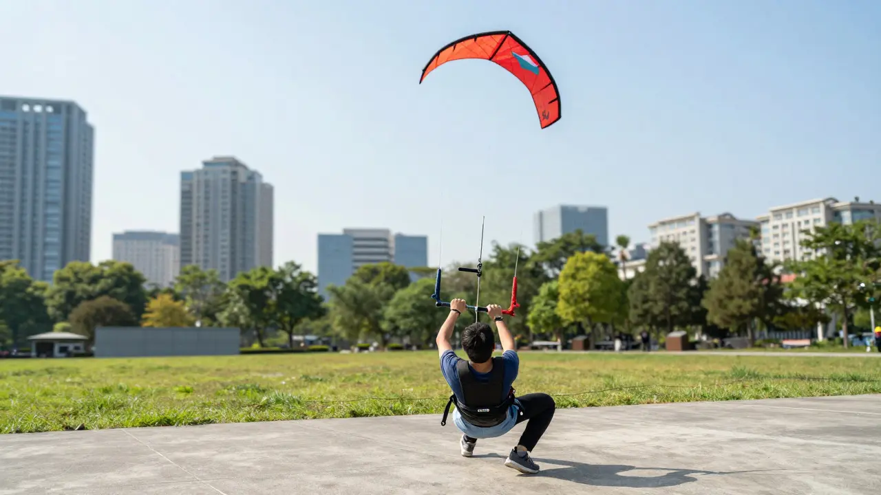 Low angle view of a pilot flying a stunt kite in a city park