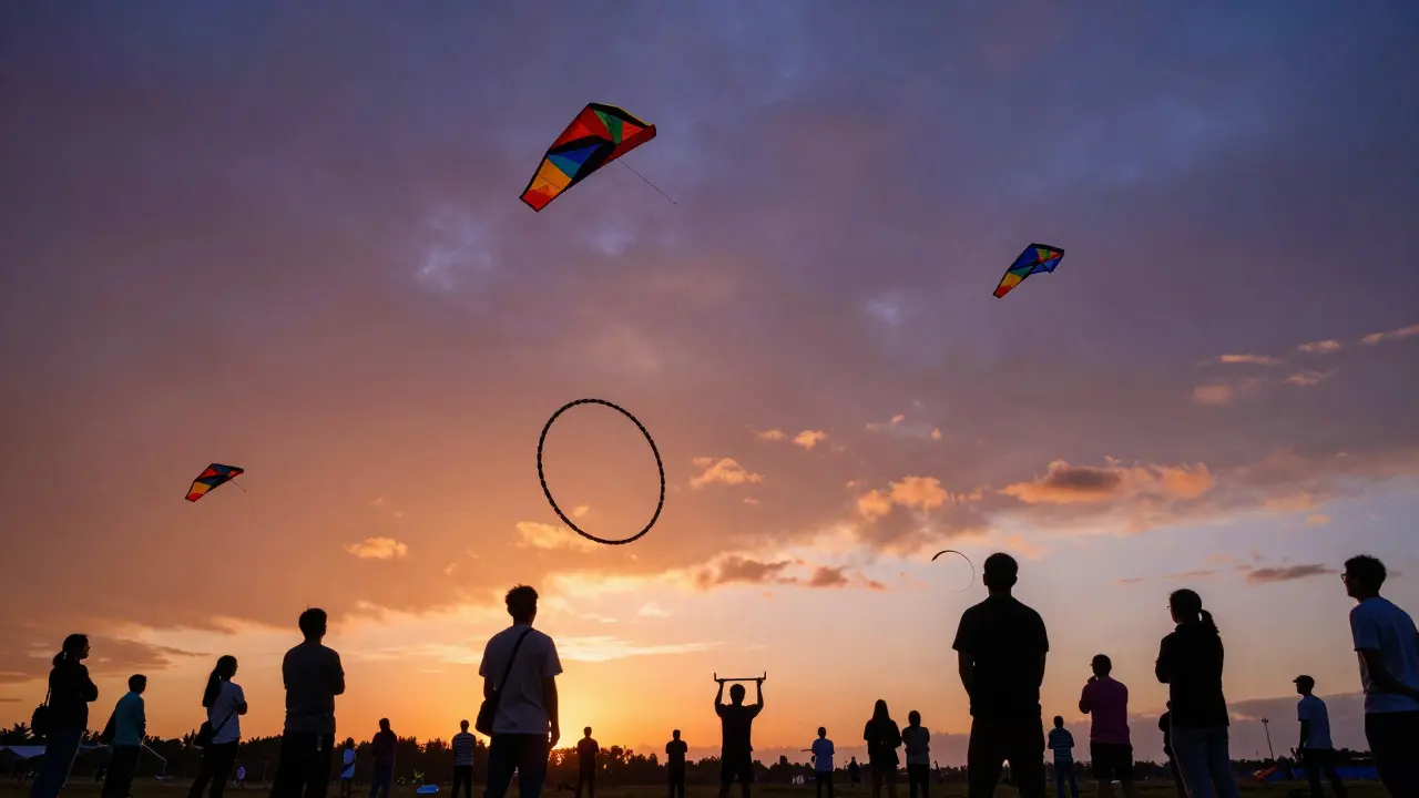 Low-angle view of colorful stunt kites performing tricks against a twilight sky
