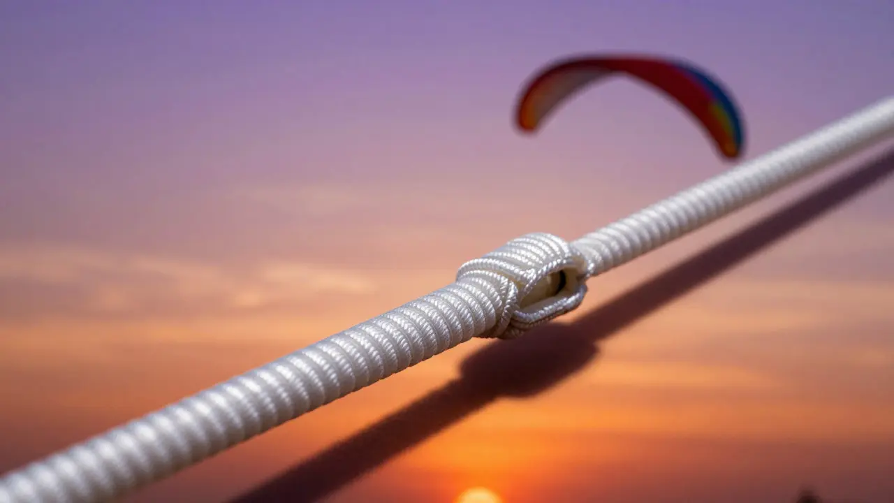 Macro view of a secure kite line splice with a soaring kite in the sunset background