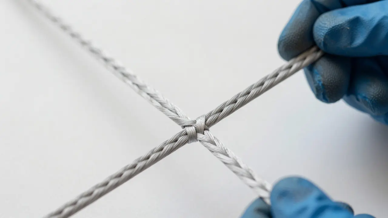 Macro view of weaving strands together for a strong kite line splice